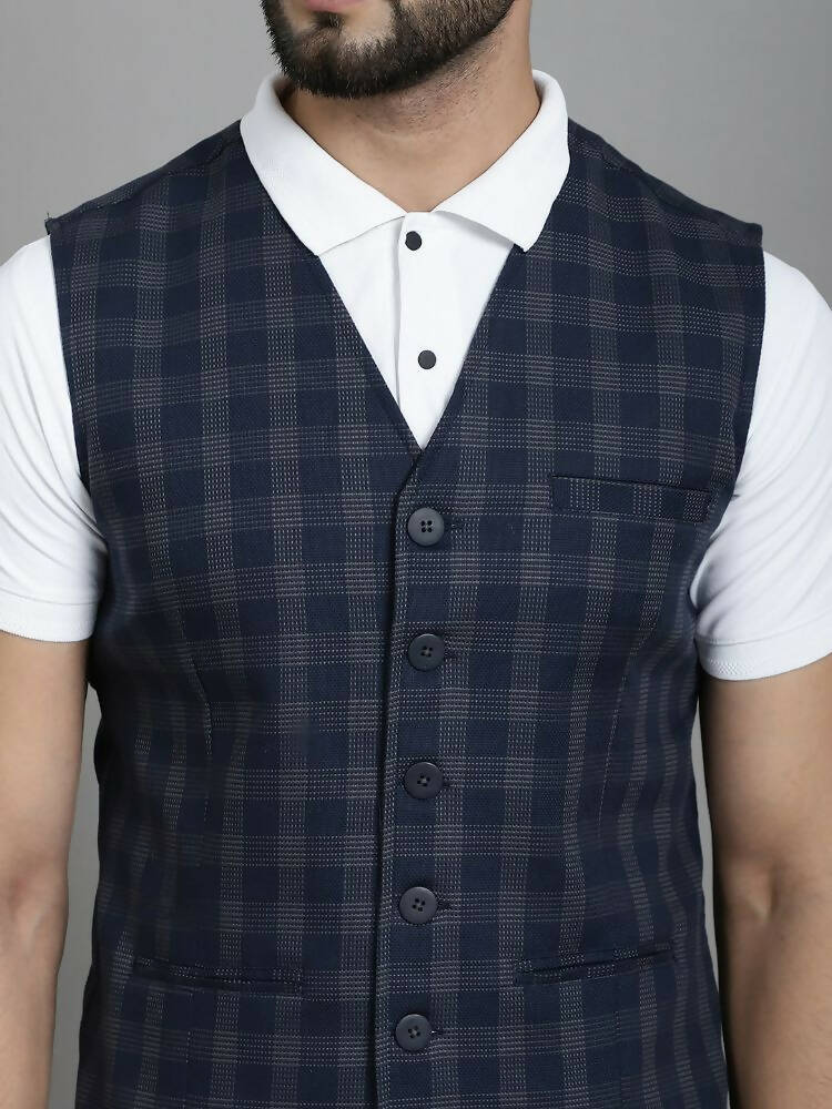 Even Apparels Checked Waistcoat With Welt Pockets - Navy Blue