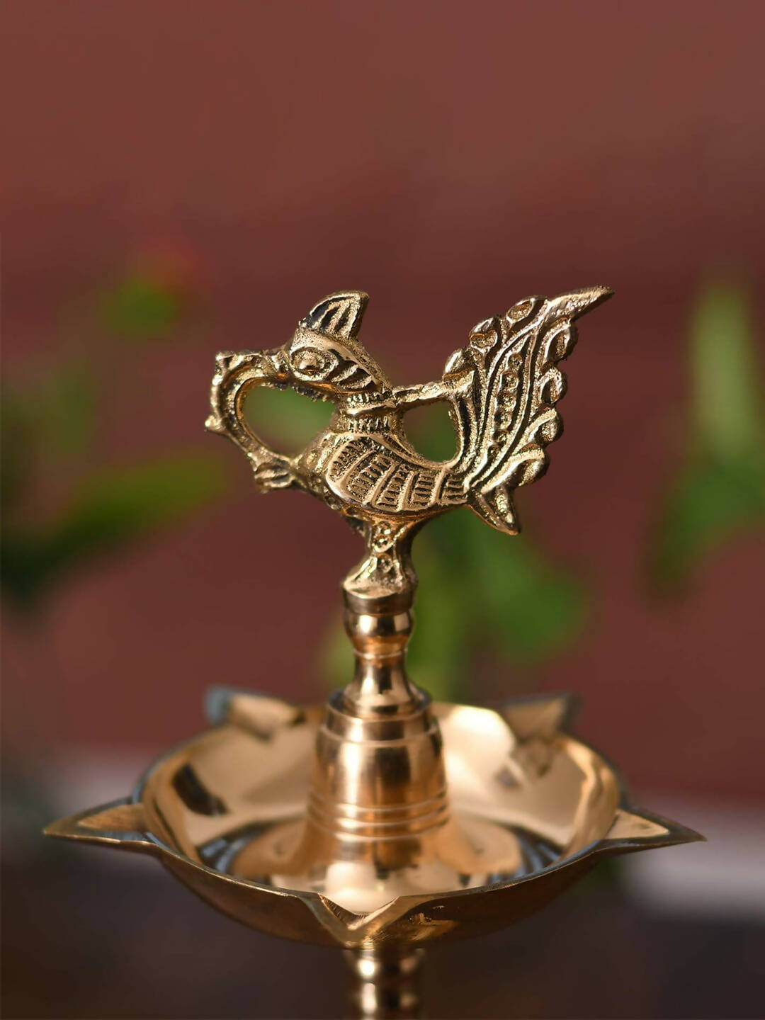 CraftVatika Gold-Toned Brass Peacock Mahabharat Diya
