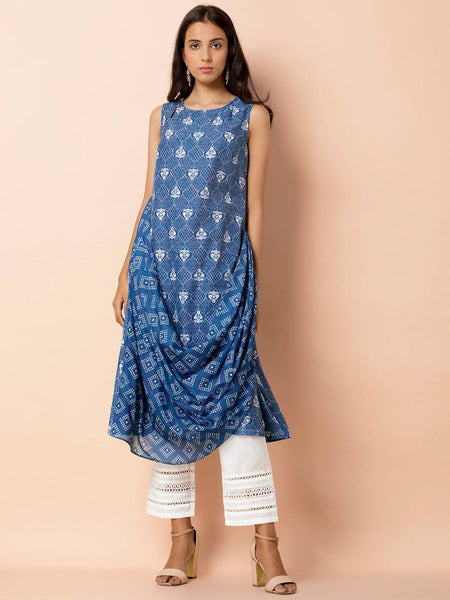 Indya Blue & White Printed A-Line Kurta