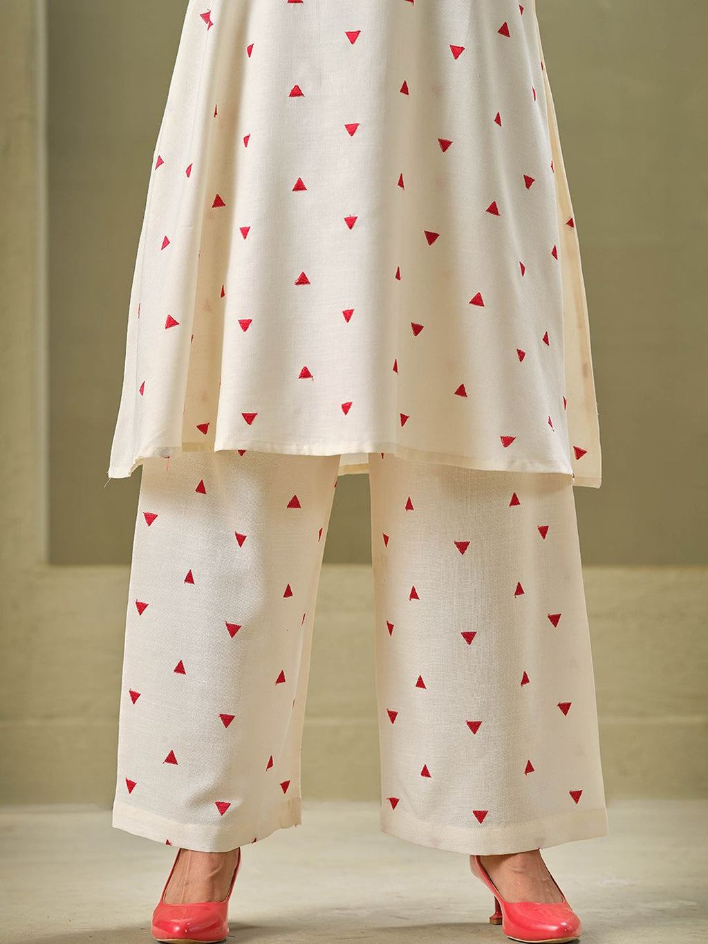 Sangria Off White Geometric Printed Round Neck A-Line Pure Cotton Kurta With Palazzos