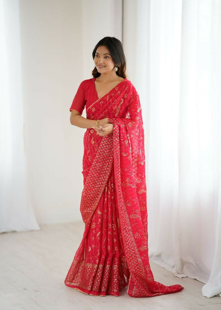 PR Fashion Red Georgette Patta Plain With Foil Work And Small Lace And Zalar Lace Saree