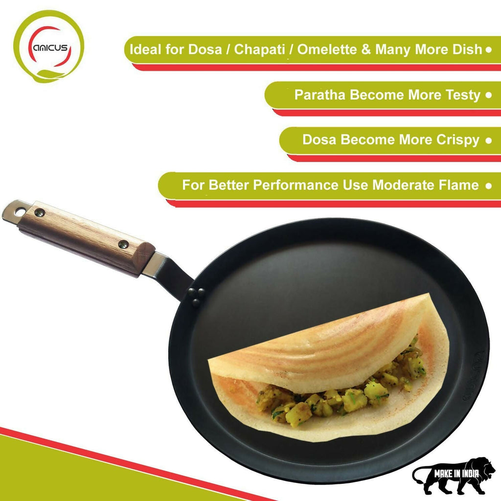 Amicus Pure Iron Tawa for Dosa Roti Chapati Paratha, Flat Iron Dosa Tava with Wooden Handle