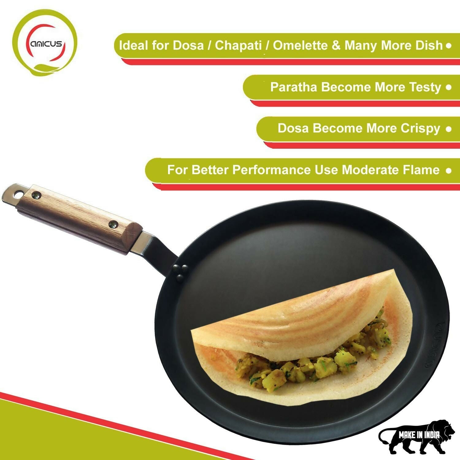 Amicus Pure Iron Tawa for Dosa Roti Chapati Paratha, Flat Iron Dosa Tava with Wooden Handle