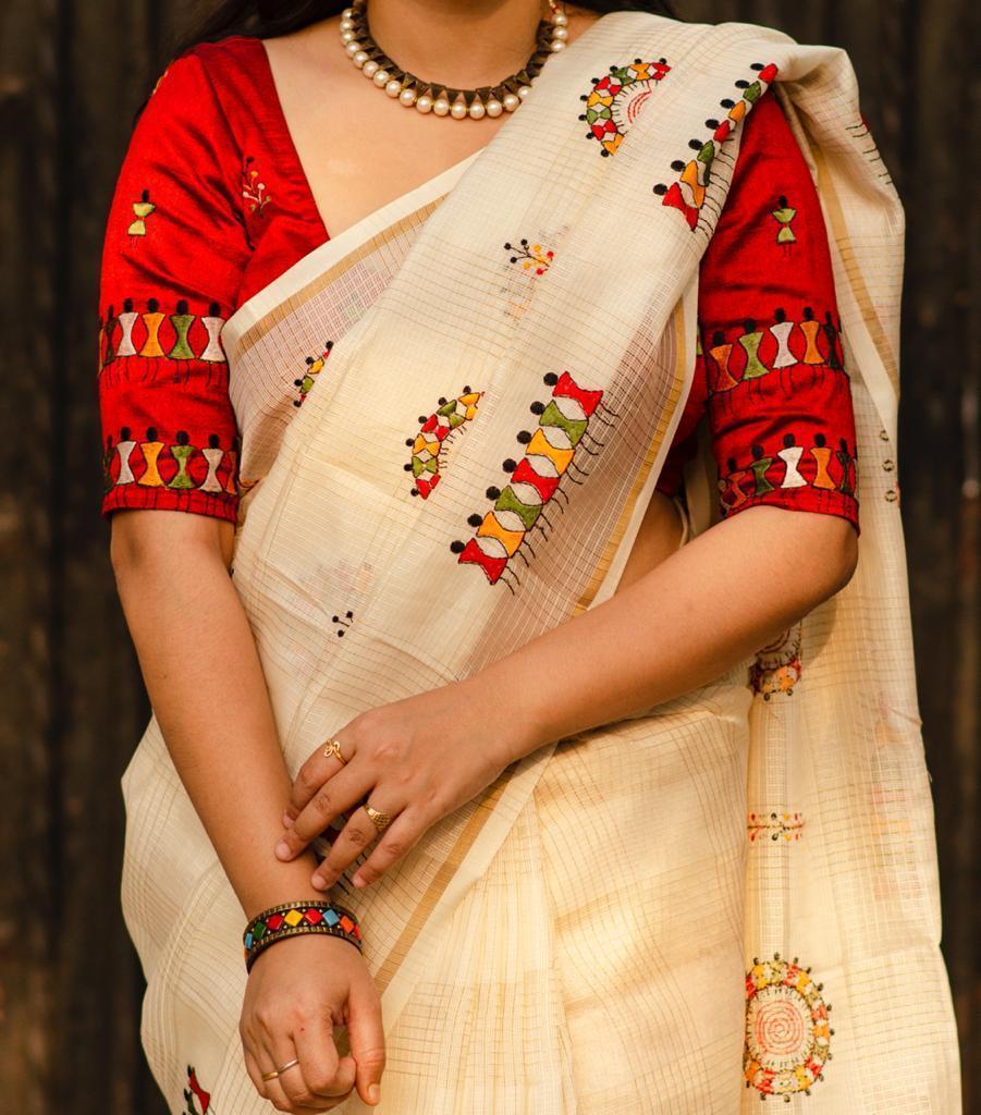 Cream Cotton Blend Warli Saree with Unstitched Blouse - A2M - Distacart