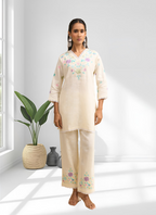 Joban Fashion Cream Linen Embroidered Readymade Cord Set - Distacart