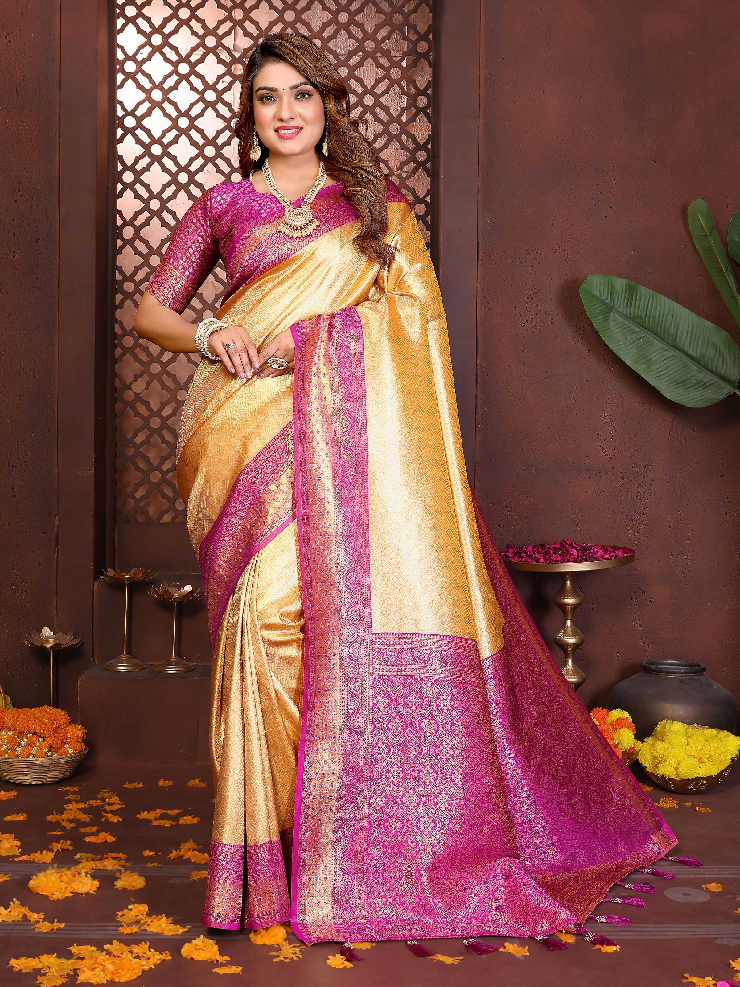 Aastha Fashion Cream Tissue Silk Woven Saree - Distacart