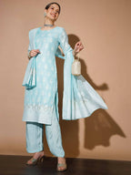 Myshka Women Blue Printed Kurta & Palazzos With Dupatta - Distacart