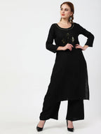 Cheera Women's Black Rayon Slub Kurta Palazzo Organza Silk Dupatta Set