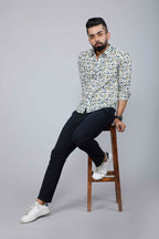 Miravan Men's White & Blue Floral Print Cotton Regular Fit Shirt