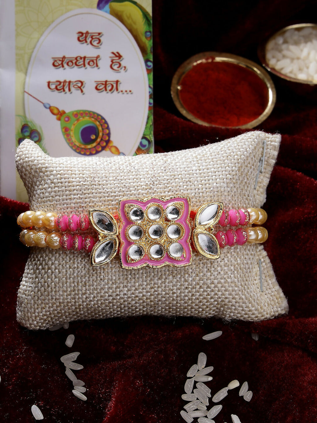 NVR Men Pink & Gold-Toned Kundan-Studded Rakhi With Roli Chawal & Chocolate - Distacart