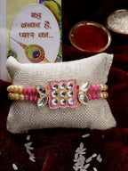 NVR Men Pink & Gold-Toned Kundan-Studded Rakhi With Roli Chawal & Chocolate - Distacart