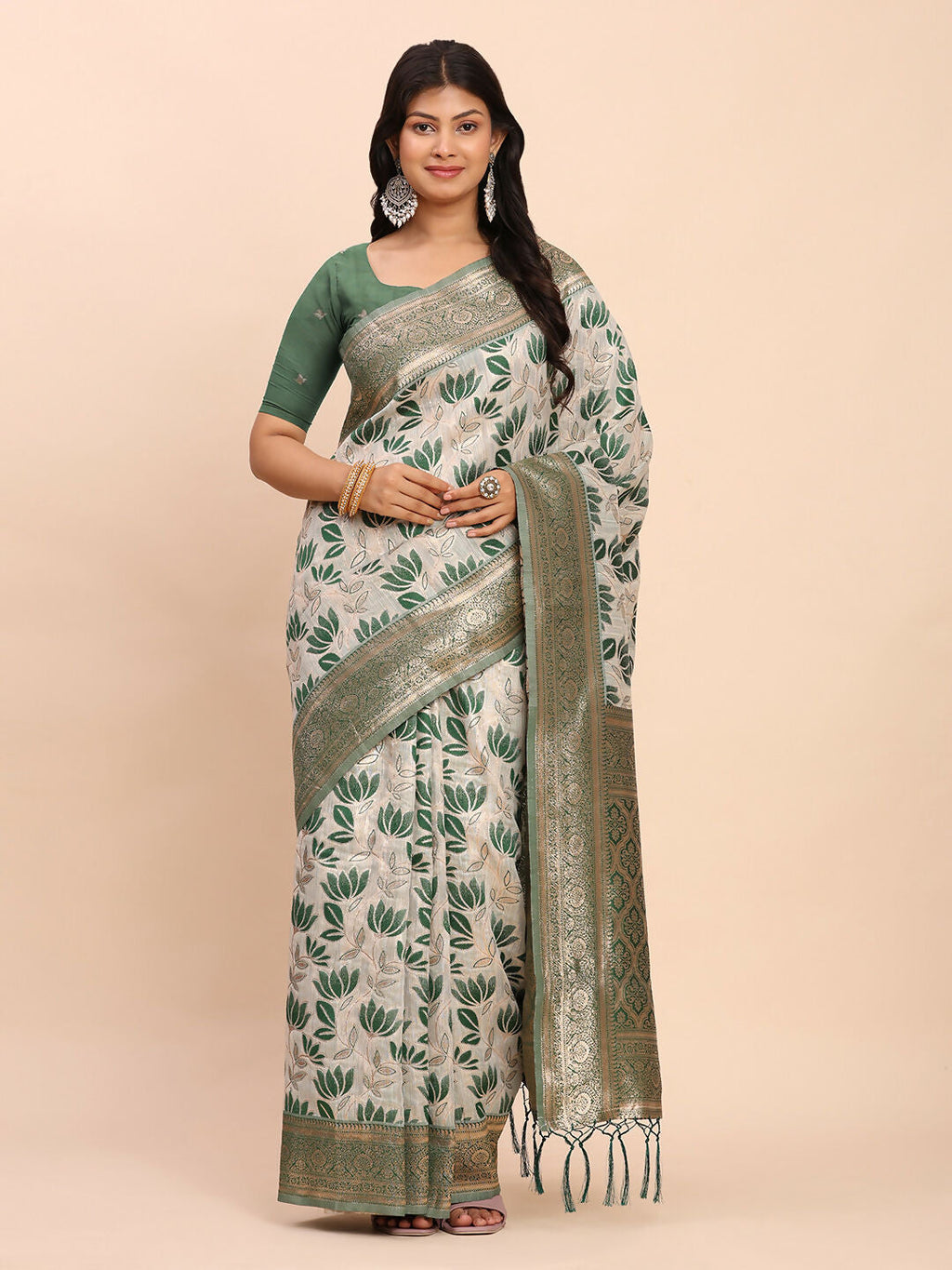 Shree Shyam Fashion Linen Cotton Green Saree - Distacart