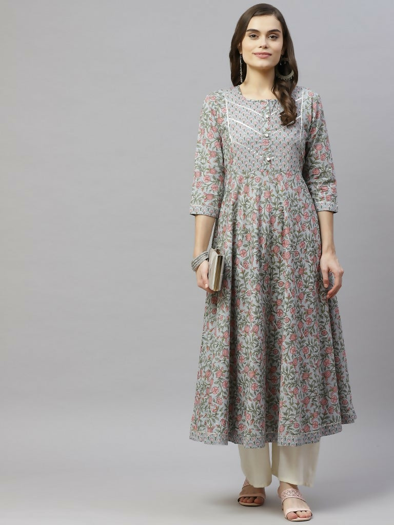 Miravan Women's Floral Printed Anarkali Kurta