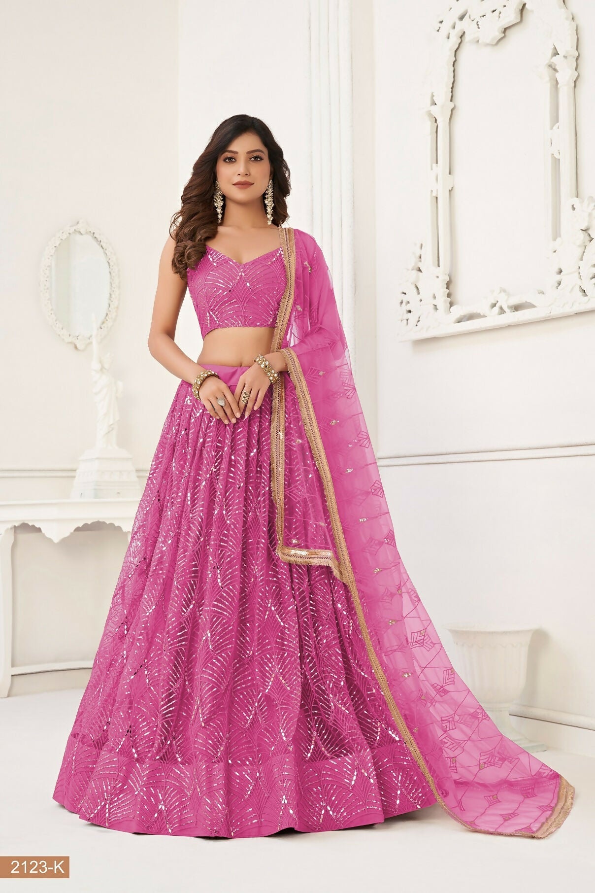 Eilara Pink Thread Sequin Embroidered Net Lehenga Set
