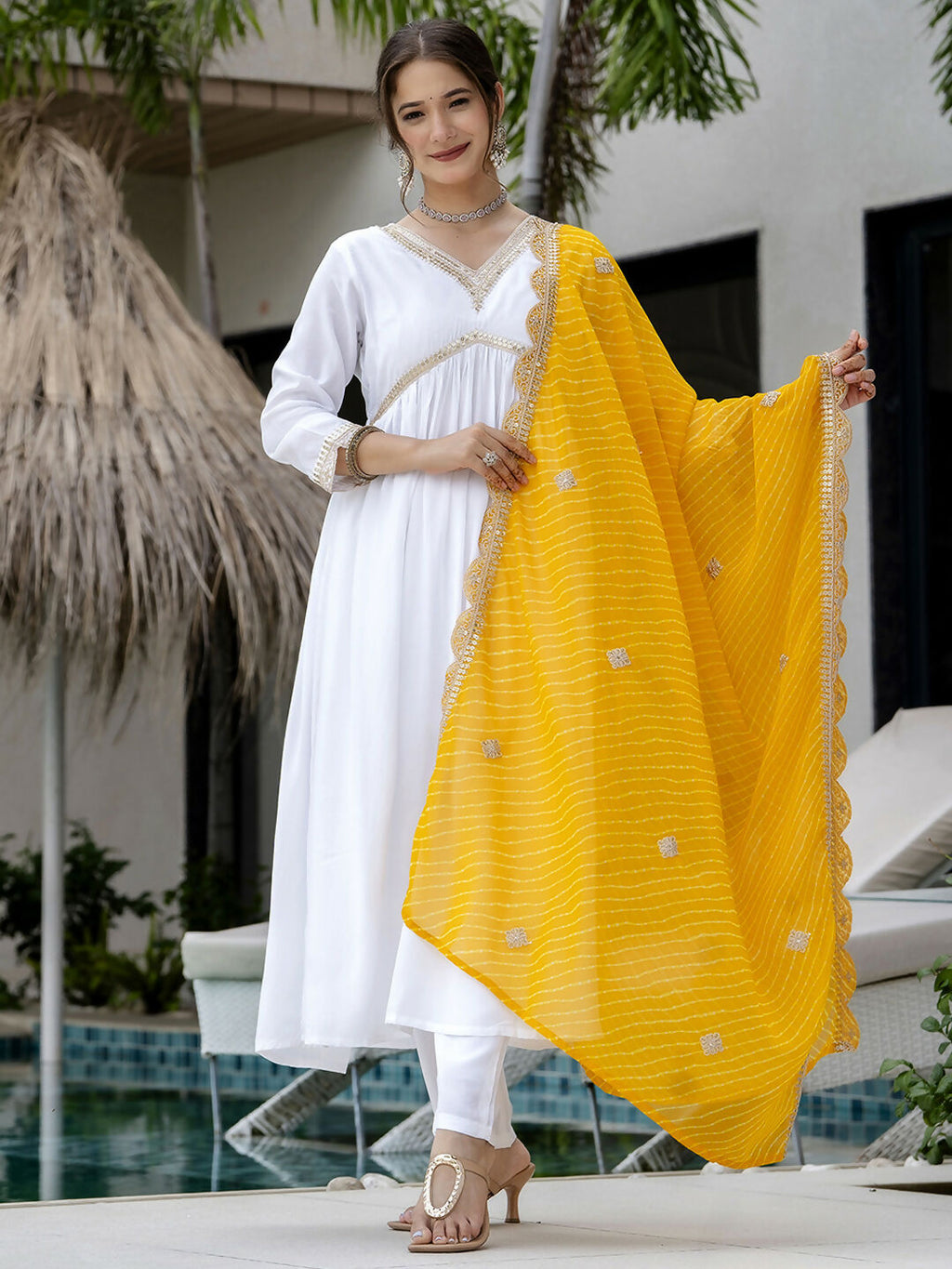 The52 White Women's Gorgeous Embroidered Chanderi Fabric Straight Kurta, Pant and Dupatta Set - Distacart