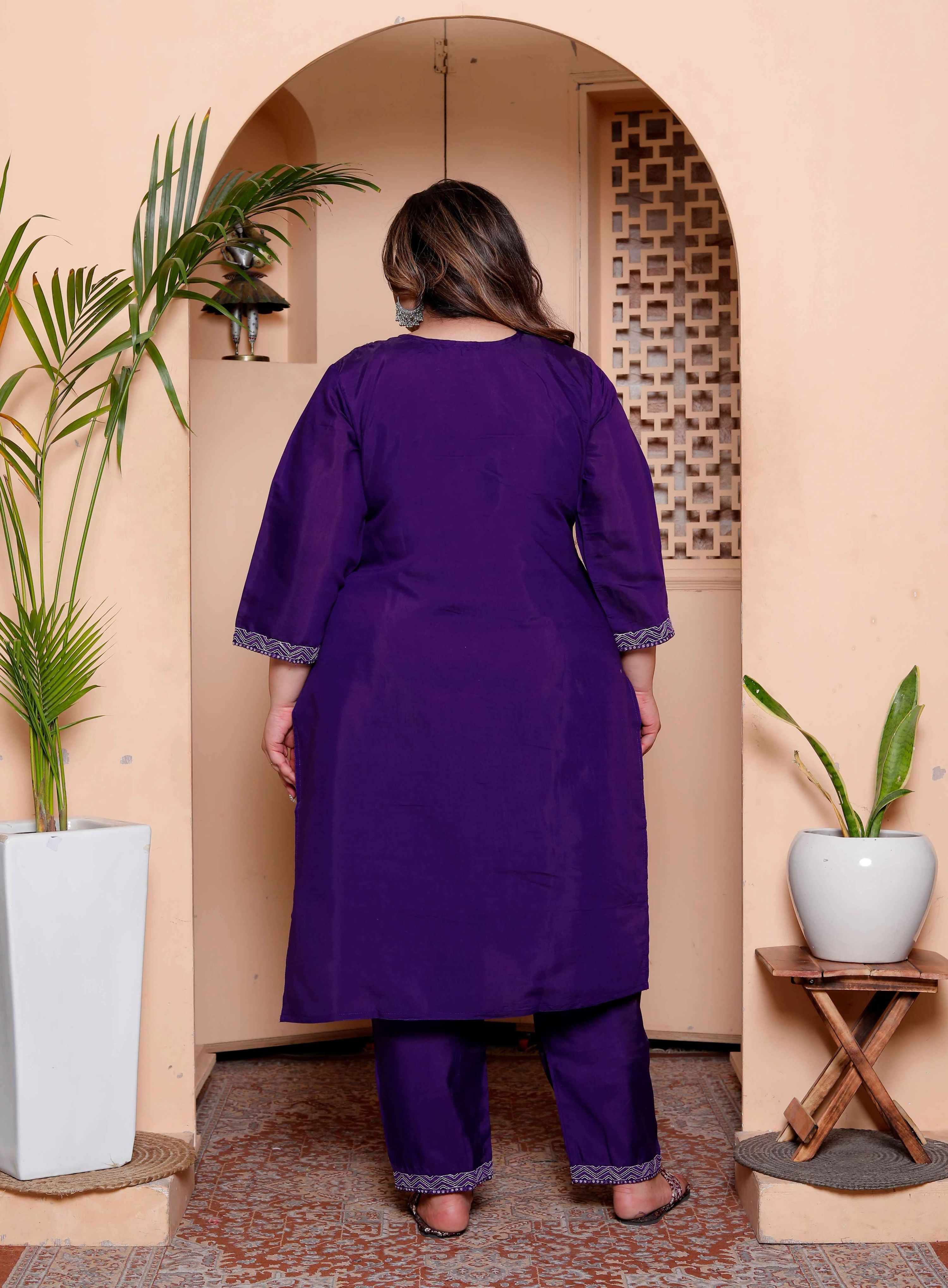 Miravan Women's Plus Size Purple Muslin Straight kurta and palazzo with dupatta Suit set - Distacart