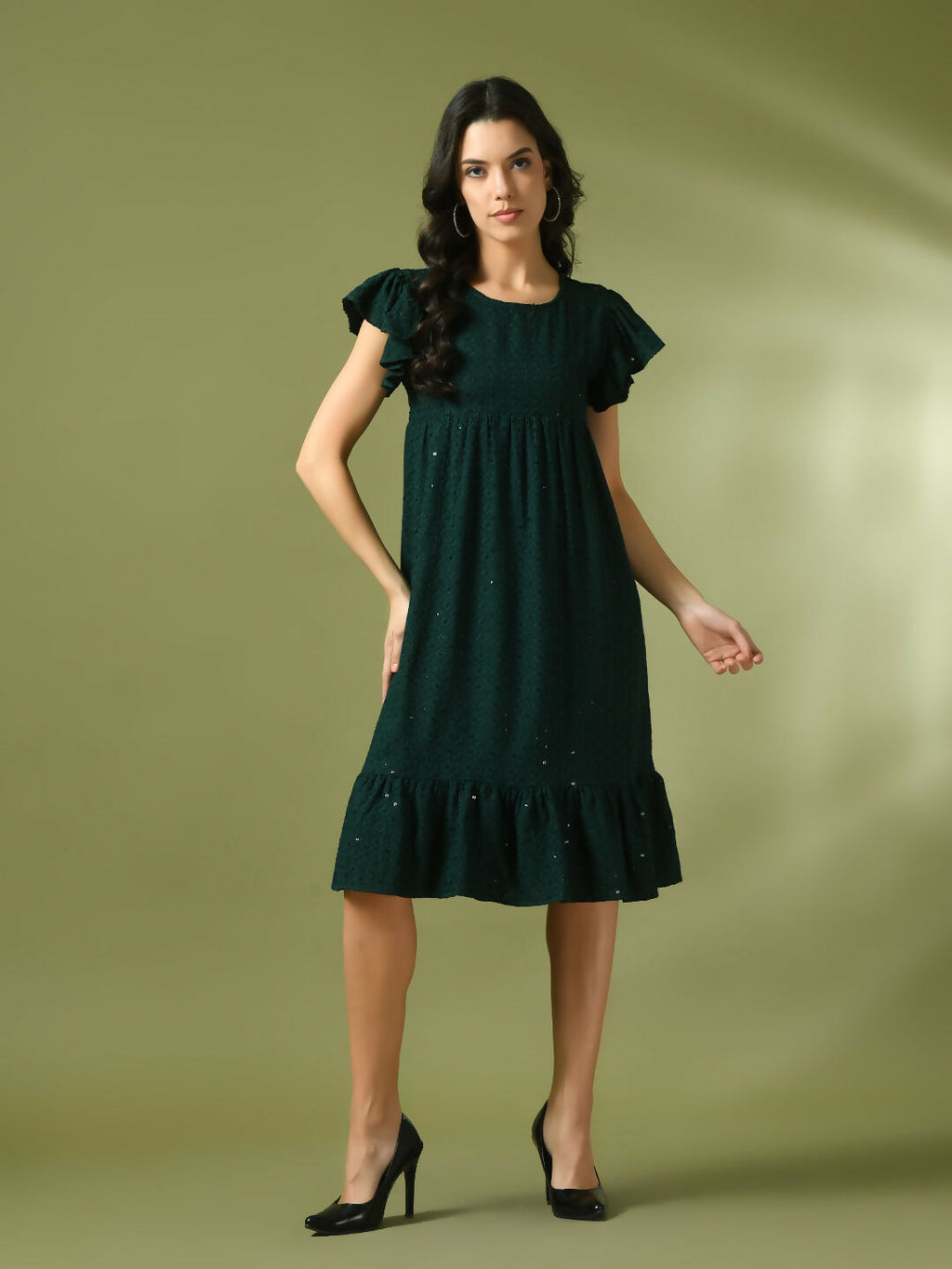 Myshka Women's Green Embroidered Cotton Round Neck A-Line Party Dress - Distacart