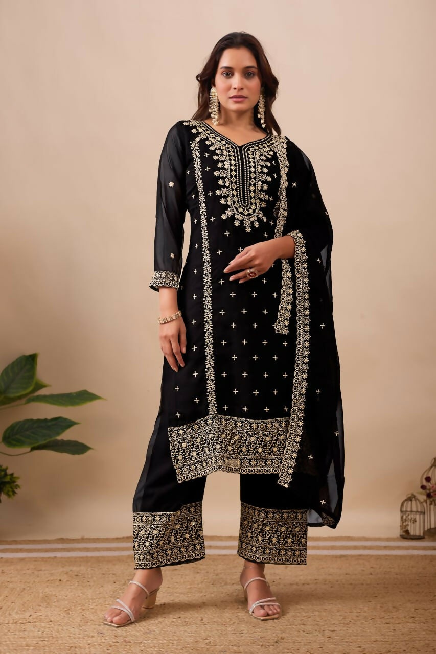 Joban Fashion Black Kurta Set Velvet Embroidery Sequence Work - Distacart