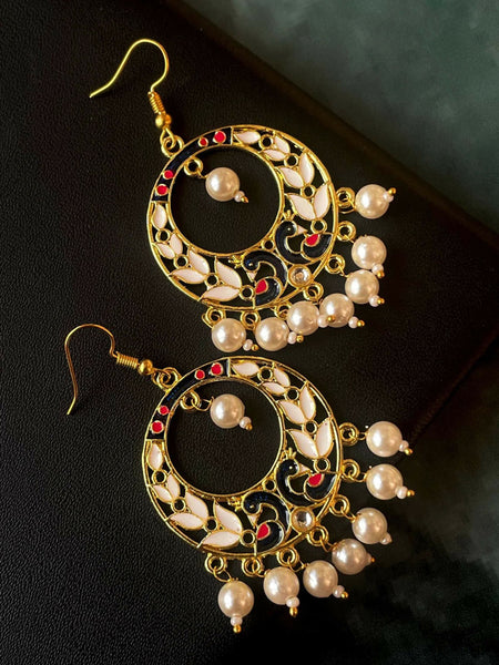 Joban Fashion Women Off White Meenakari Round Shape Flower Print Earring