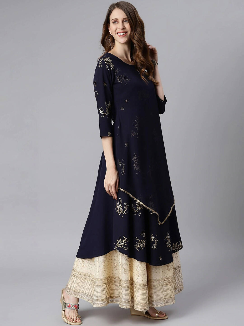 Janasya Navy Blue Quirky Embellished Crepe Anarkali Kurta - Distacart