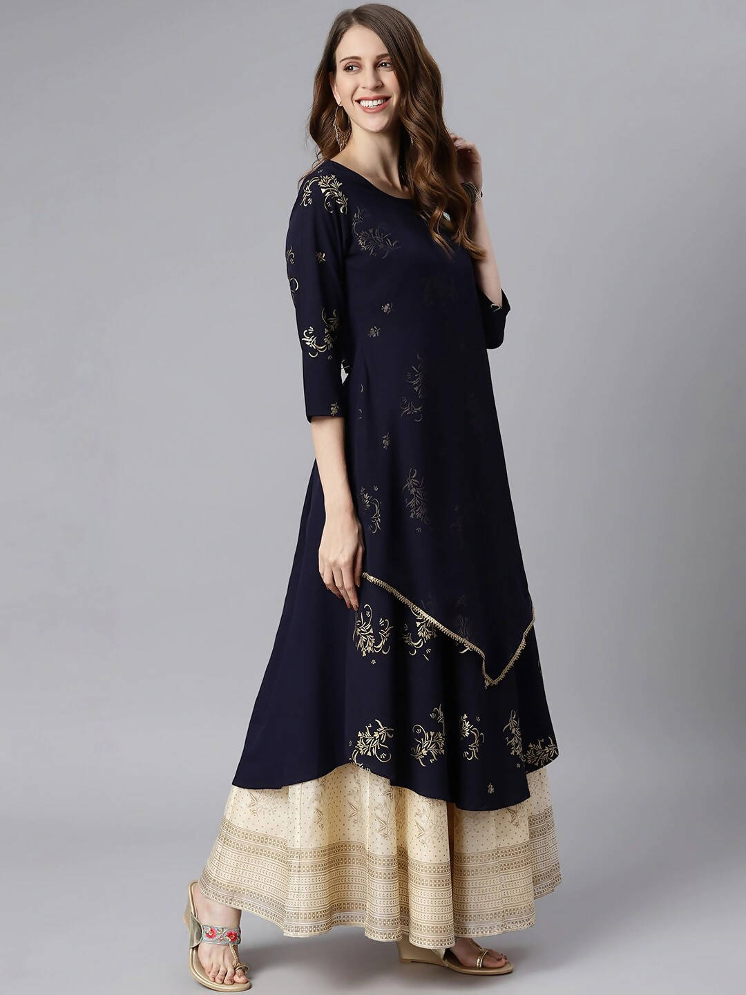 Janasya Navy Blue Quirky Embellished Crepe Anarkali Kurta - Distacart