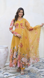 Teeya Creation Yellow Color Faux Georgette Printed Party Wear Gown - Distacart