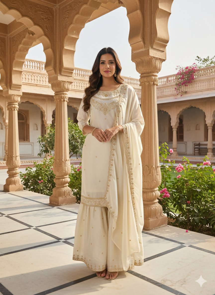 Teeya Creation Cream Color Fendy Satin Silk Heavy Embroidery Work Sharara Suit - Distacart