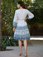 Juniper Women Off-White Georgette Printed Short Tiered Dress with Embroidered Yoke - Distacart