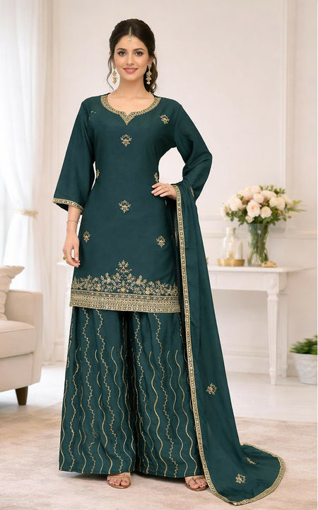 Teeya Creation Teal Color Chinon Silk Heavy Embroidery Work Party Wear Palazzo Set