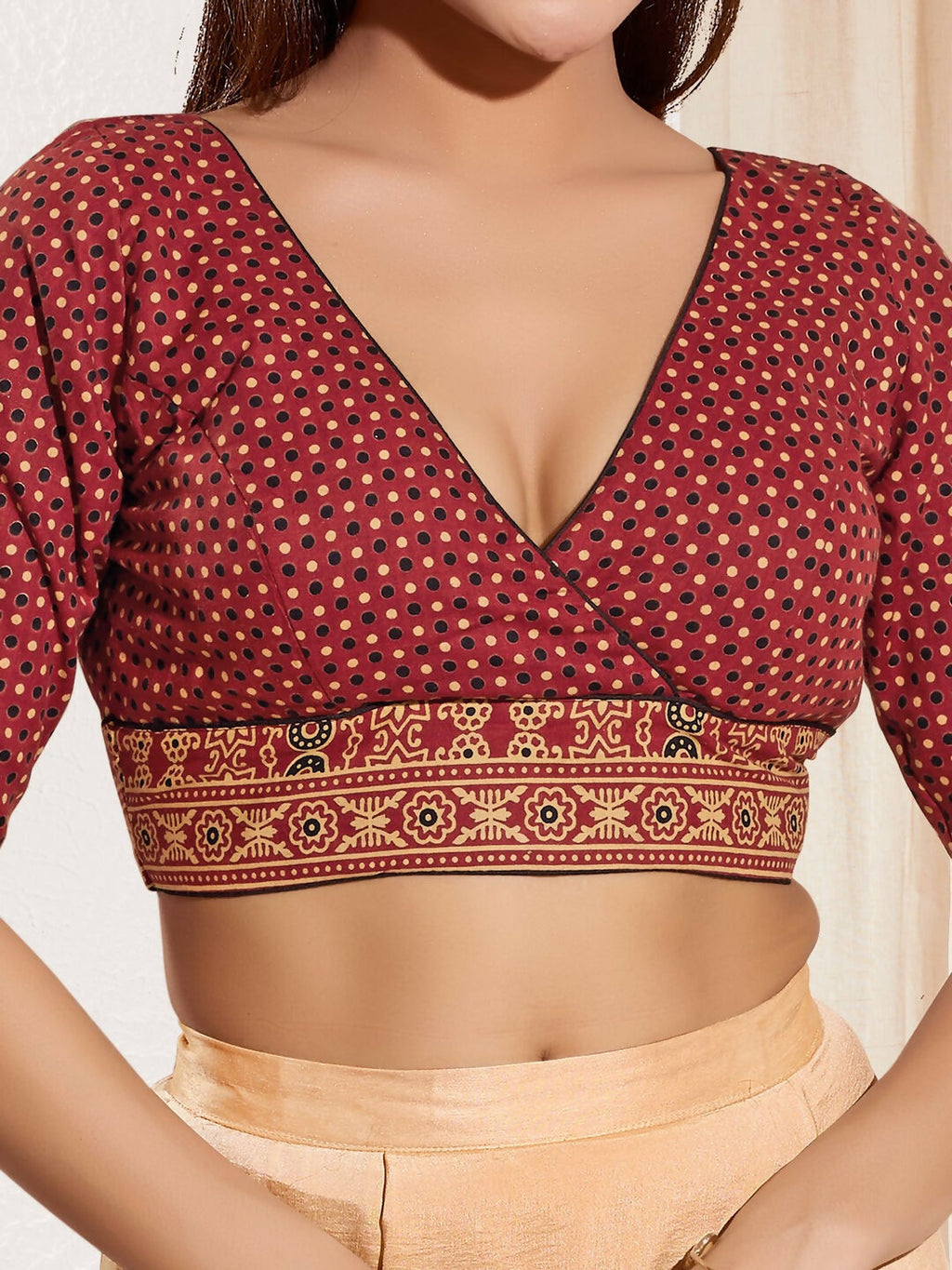 Joban Fashion Maroon Cotton Padded Blouse With V Neck Elbow Sleeves - Distacart