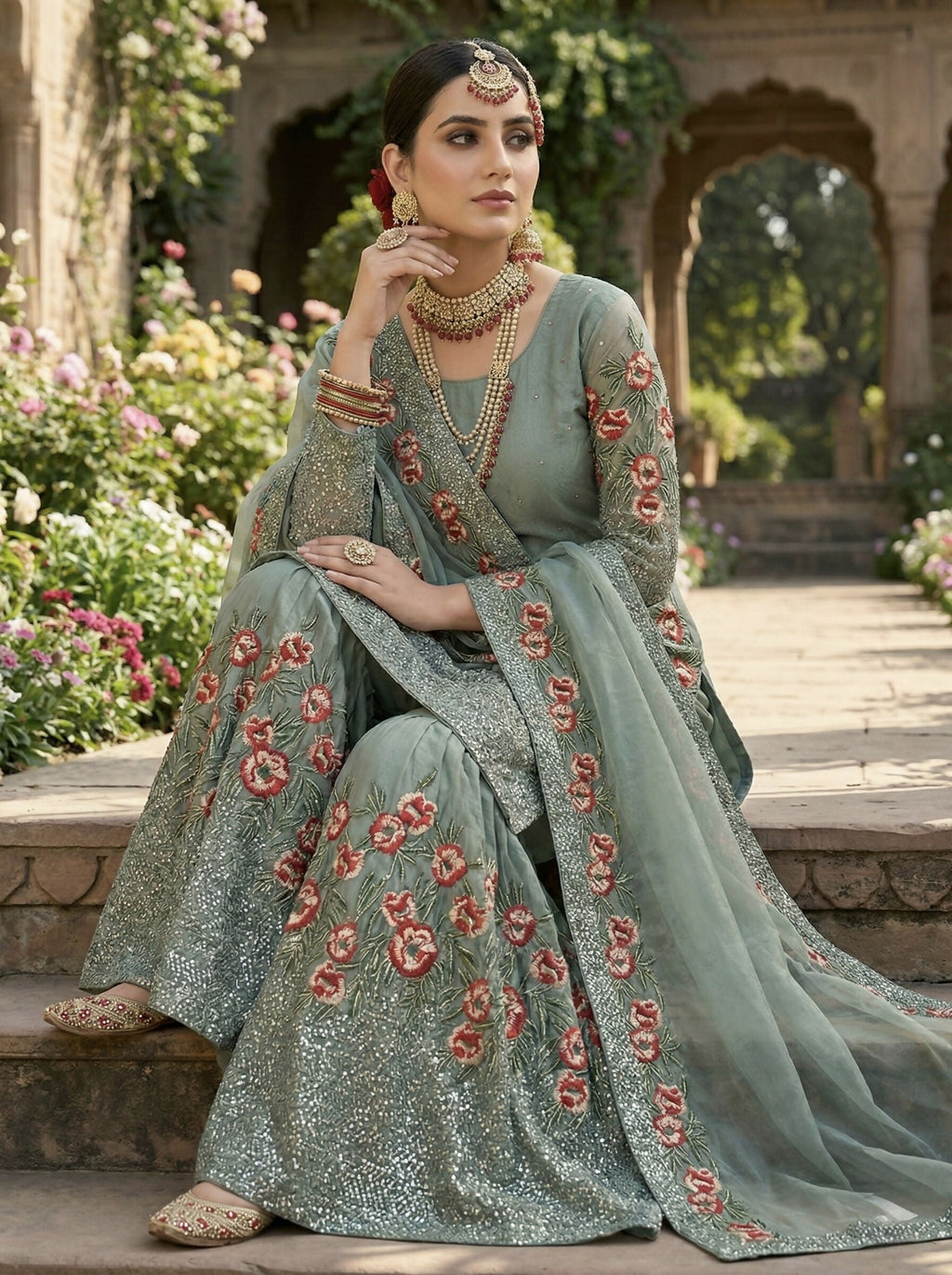 Teeya Creation Teal Fendy Silk Heavy Embroidery Work Party Wear Sharara Suit - Distacart