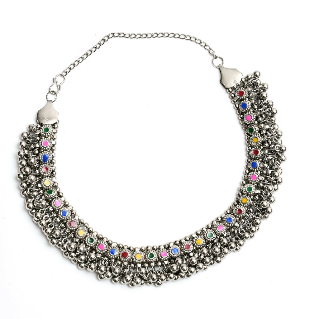 Mominos Fashion Johar Kamal Oxidised Silver-Plated Meena Work Choker Set - Distacart