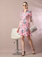 Myshka Women's Pink Printed Shirt Collar Fit and Flare Party Dress - Distacart
