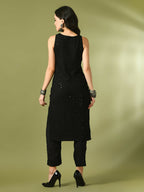 Myshka Women's Black Embroidered Cotton Straight Party Kurta Set