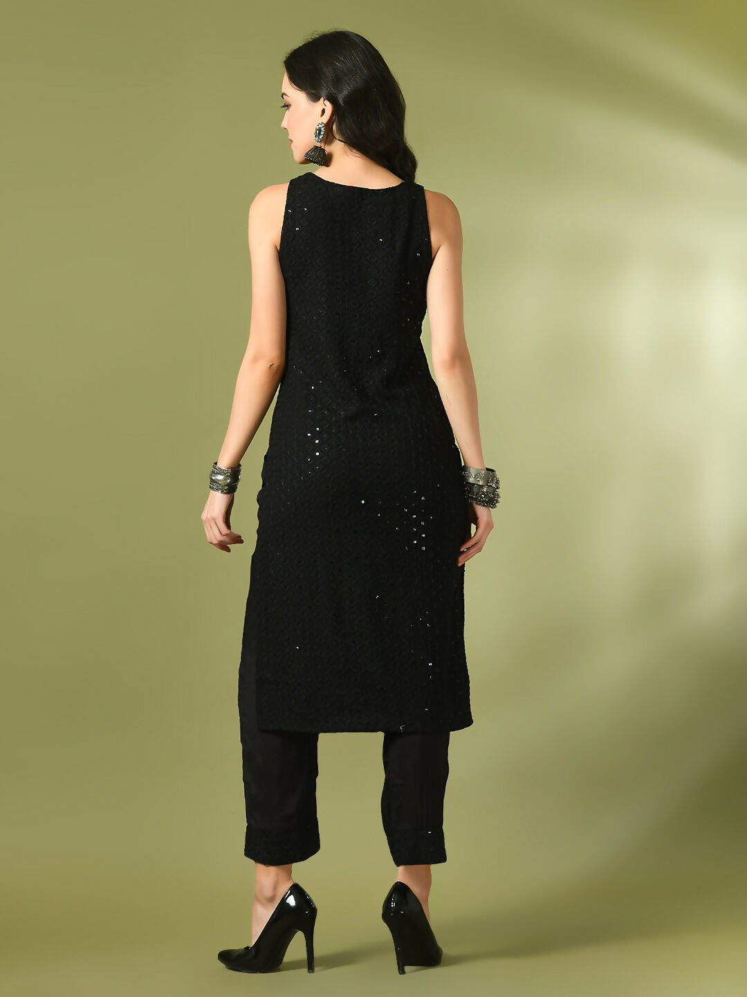 Myshka Women's Black Embroidered Cotton Straight Party Kurta Set