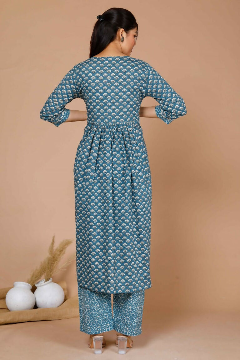 Miravan Women's Blue Ethnic Motifs Printed Gotta Patti Cotton Kurta With Palazzo & Dupatta