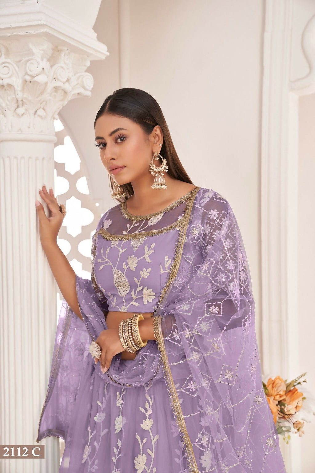 Eilara Women'S Light Purple Butterfly Net White Cotton Thread And Zari Sequence Embroidered Work Lehenga Choli For Party Wear