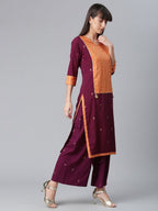 Ahalyaa Wine Crepe Solid Kurta Palazzo Set With Printed Dupatta