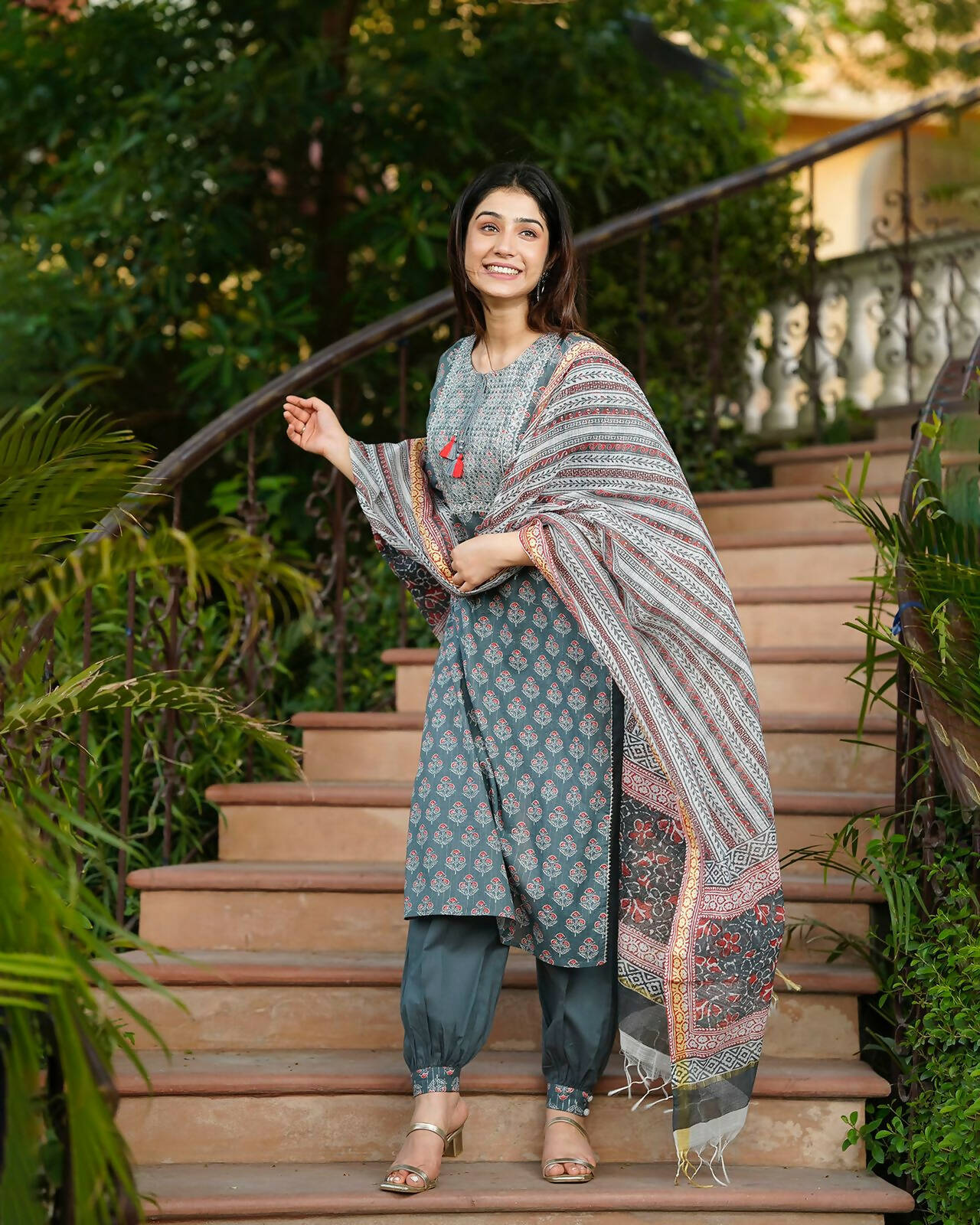 Juniper Women's Grey Cotton Printed Straight Kurta Pant Dupatta Set - Distacart
