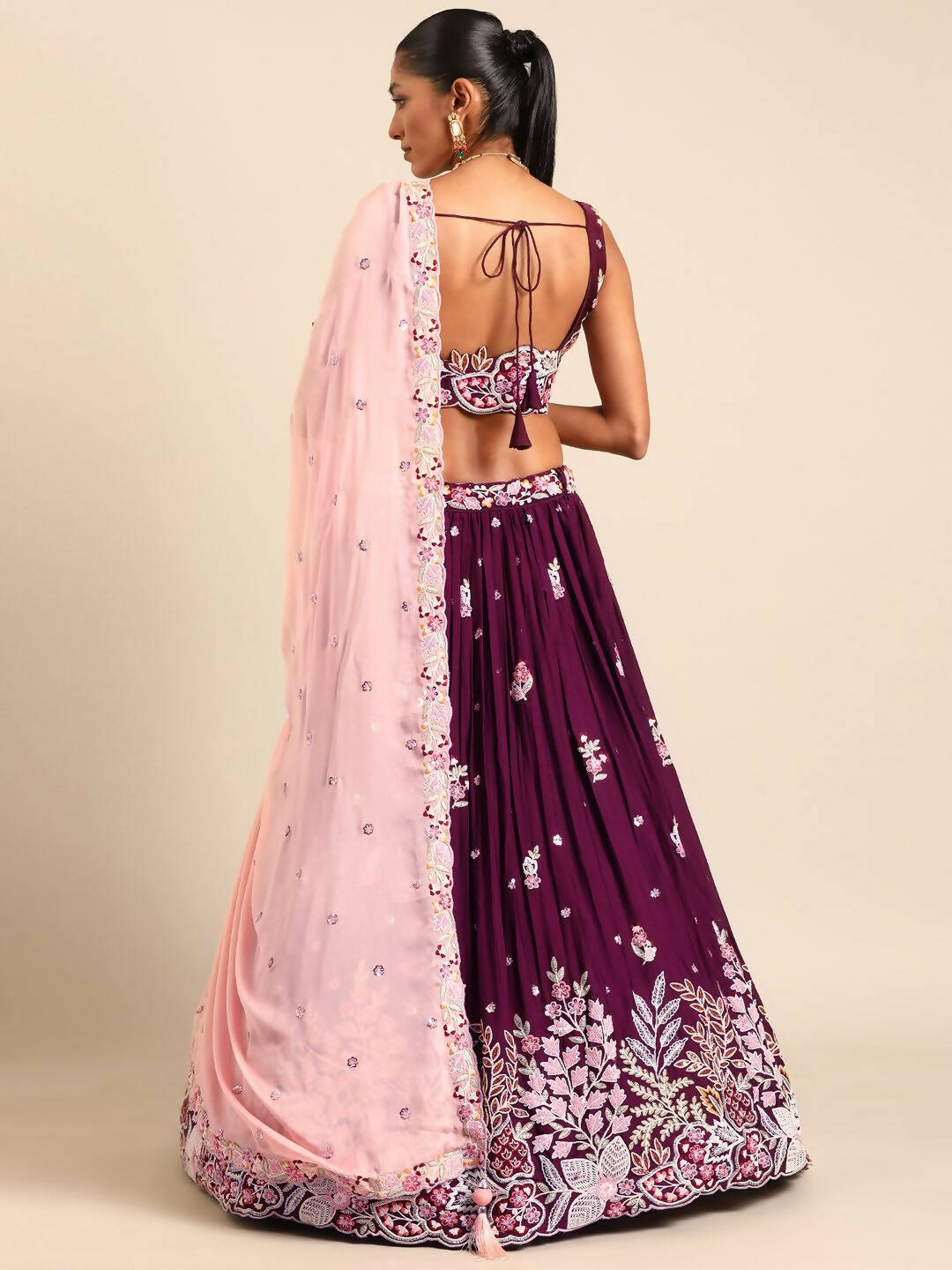 House of Panchhi Burgundy Georgette Sequins and thread embroidery Lehenga choli & Dupatta
