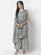 Myshka Women Grey Cotton Blend Printed Sleeveless Round Neck Kurta With Sharara & Dupatta Set