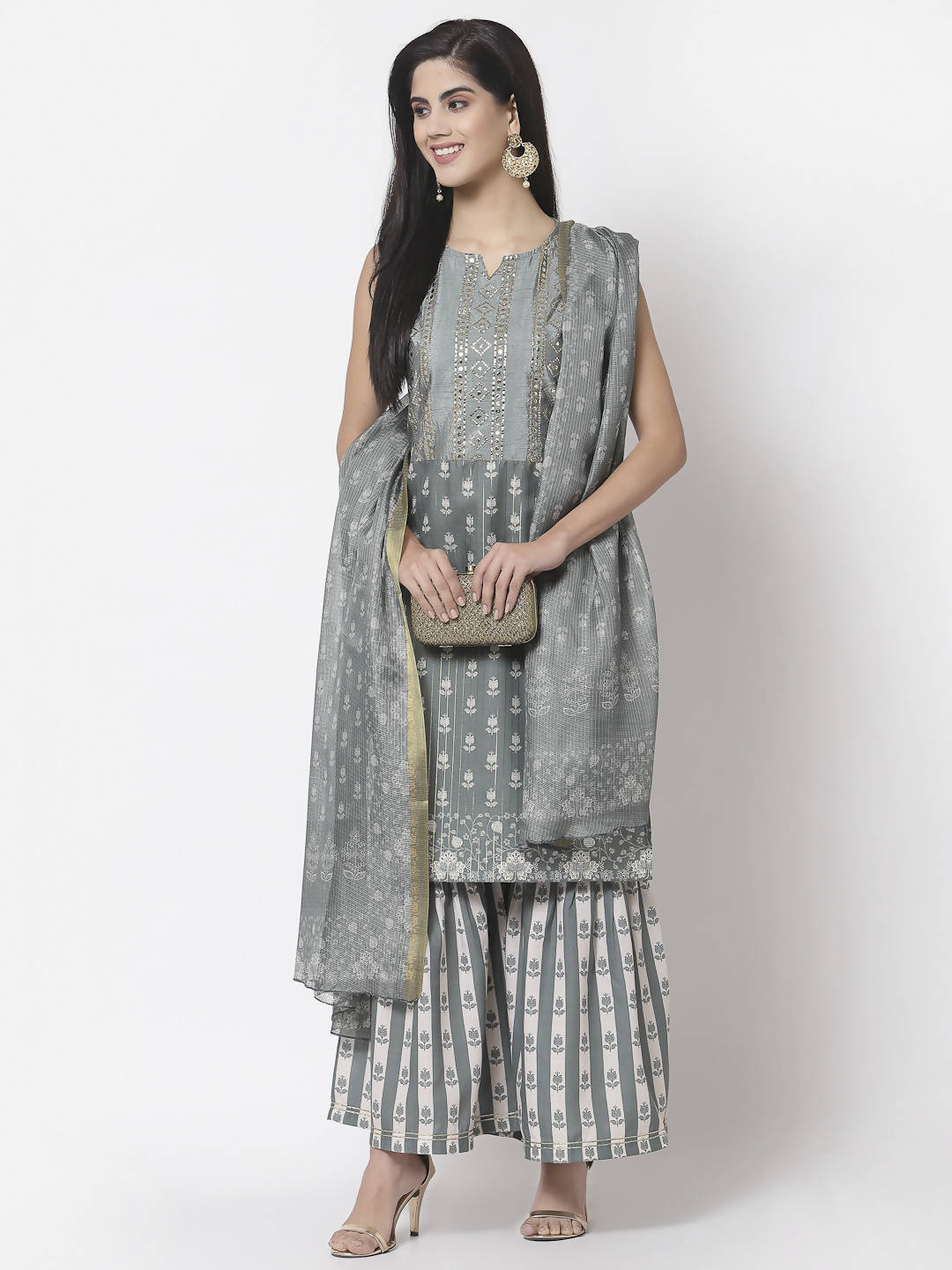 Myshka Women Grey Cotton Blend Printed Sleeveless Round Neck Kurta With Sharara & Dupatta Set