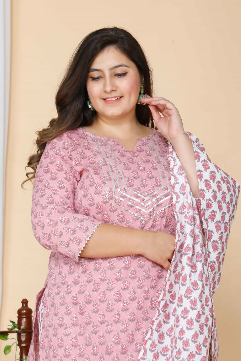 Miravan Women's Plus Size Pink Floral Printed Gotta Patti Pure Cotton Kurta With Palazzo & Dupatta Set