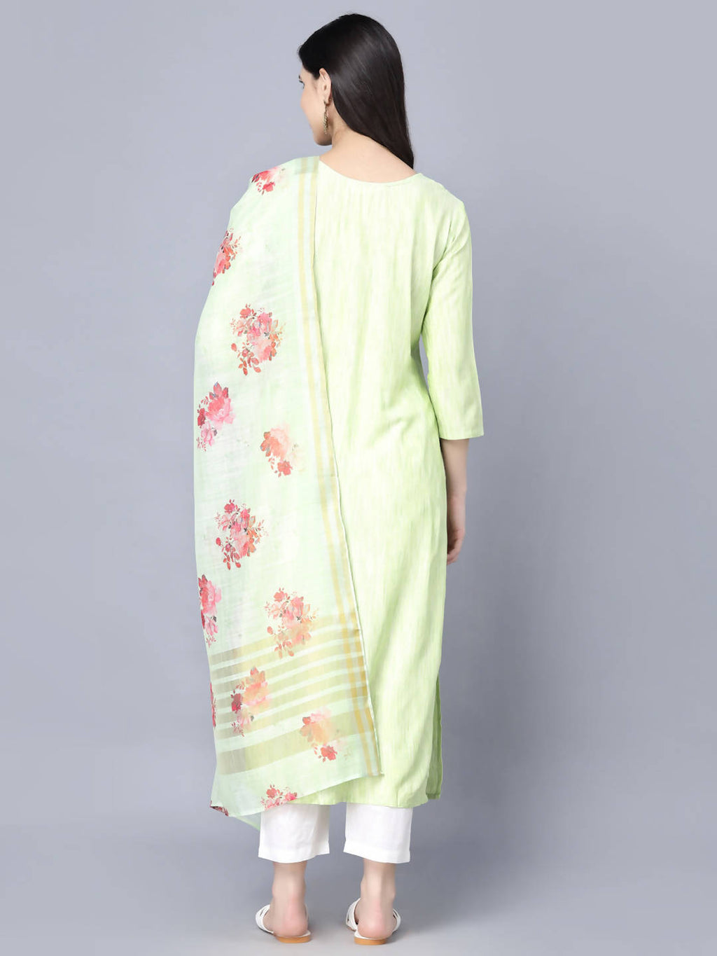 Myshka Women Lime Green Floral Printed Panelled Pure Cotton Kurti with Trousers With Dupatta - Distacart
