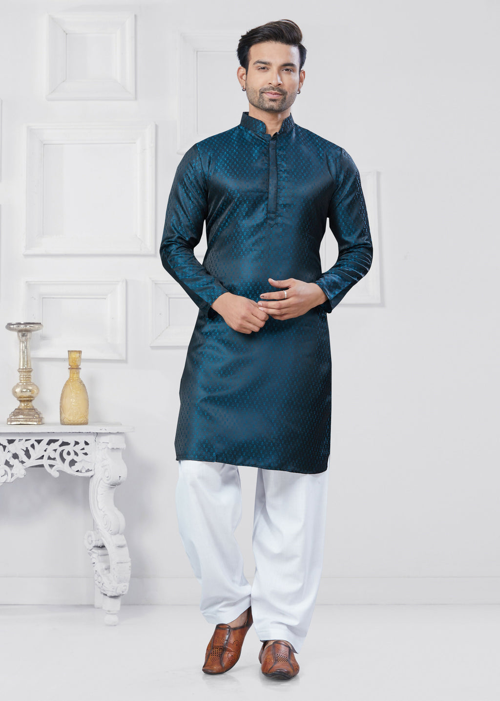 Joban Fashion Men's Jacquard Silk Rama Printed Kurta Pyjama set