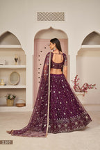 Eilara Women'S Wine Butterfly Net Thread With Zari Sandwich Sequence Embroidered Work Lehenga Choli For Festivals