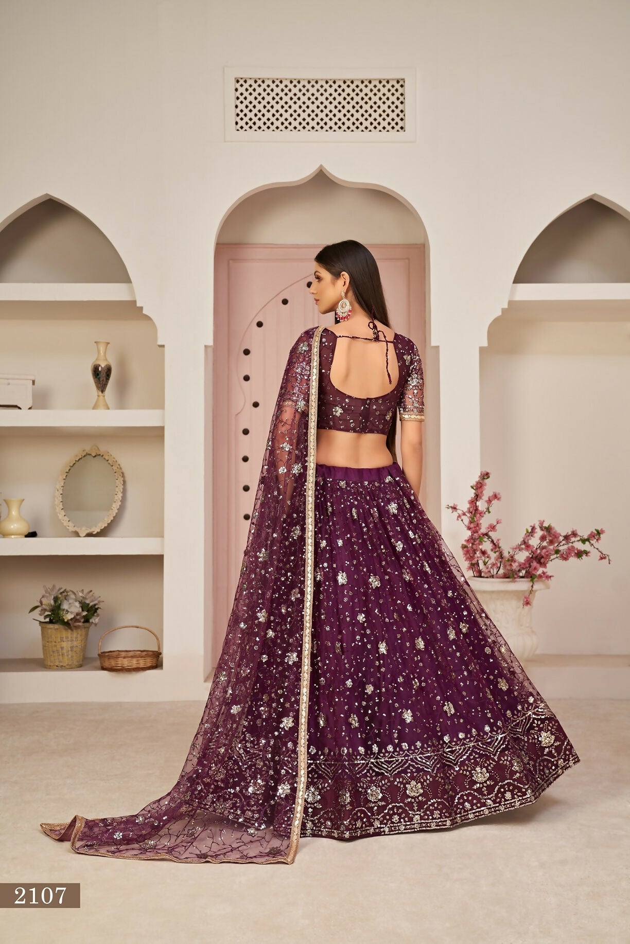 Eilara Women'S Wine Butterfly Net Thread With Zari Sandwich Sequence Embroidered Work Lehenga Choli For Festivals