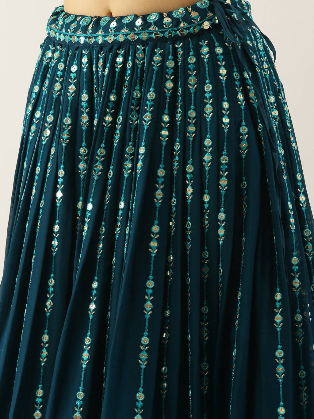 House of Panchhi Women Teal Georgette Sequins Work Lehenga & Blouse with Dupatta