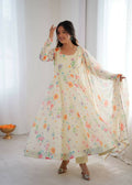 Teeya Creation Off White Soft Organza Digital Printed Party Wear Long Gown - Distacart