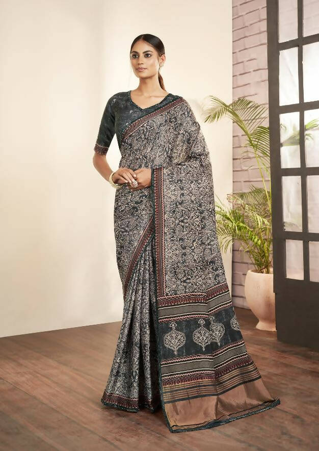 Grey Gajji Silk Paisley Print with Hand work Border Saree - Norita Nirvi